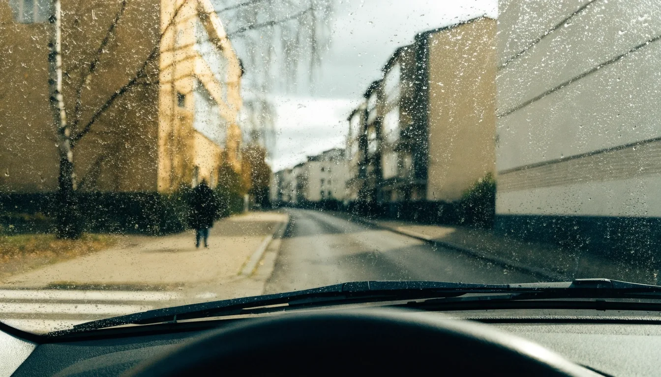 Näkymä kuljettajan paikalta kaupunkiliikenteessä, jossa jalankulkija lähestyy suojatietä