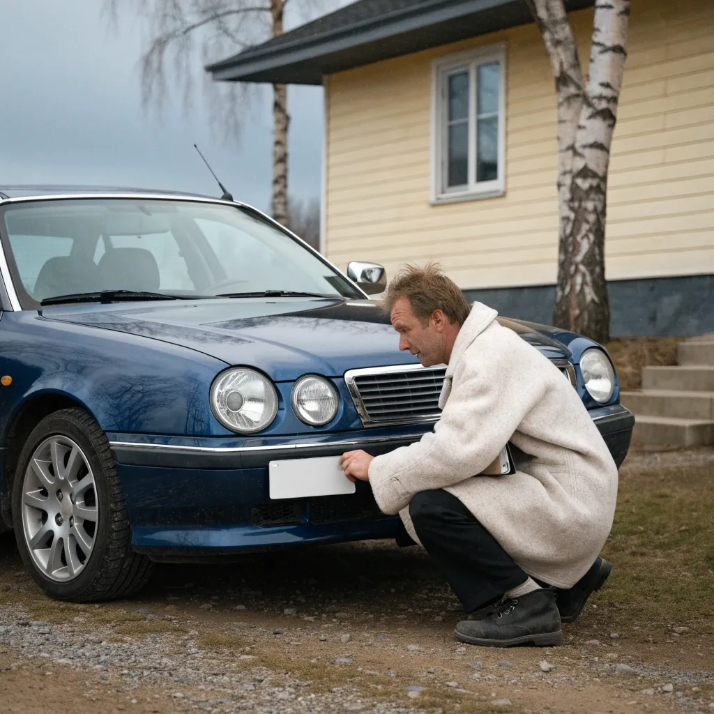 Mies ja maahantuotu auto pihalla ennen ensirekisteröintiä