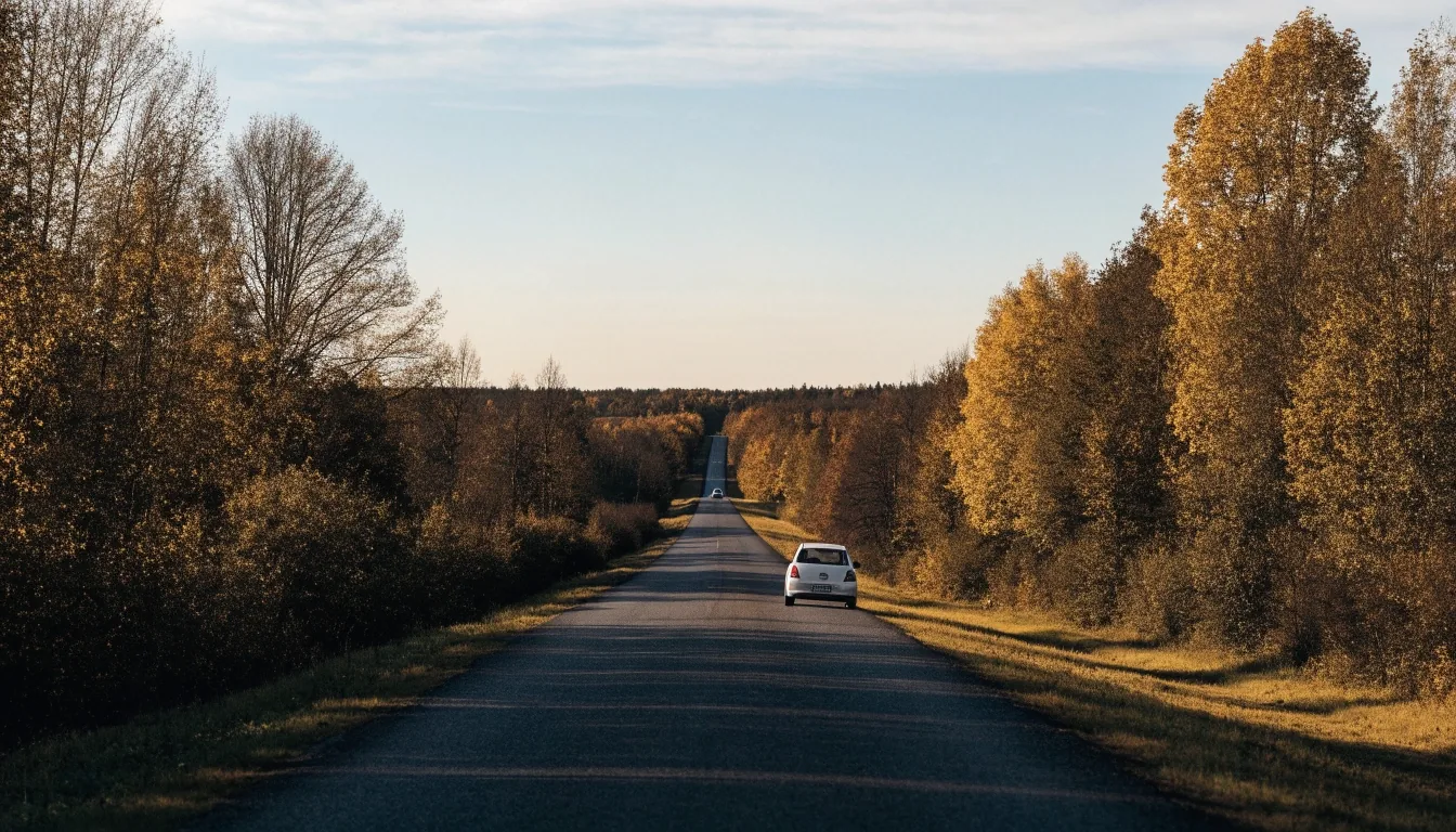 Auto kulkemassa suomalaisella maaseututiellä syksyisessä maisemassa