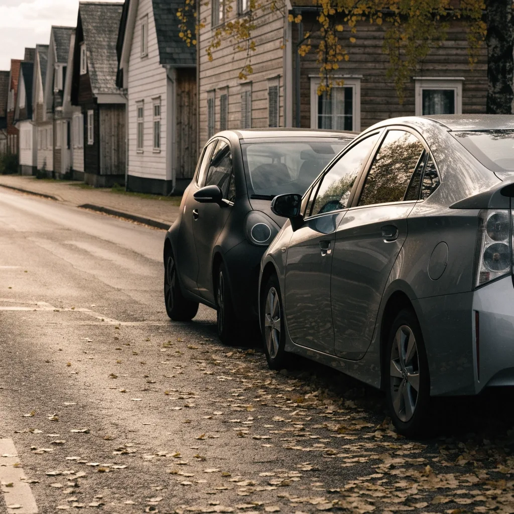 Sähköauto ja hybridiauto vierekkäin pysäköitynä suomalaisella asuinkadulla