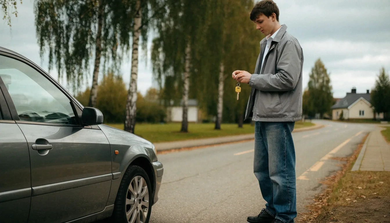 Rauhallinen suomalainen asuinkatu syysaamuna, auto pysäköitynä tien varteen