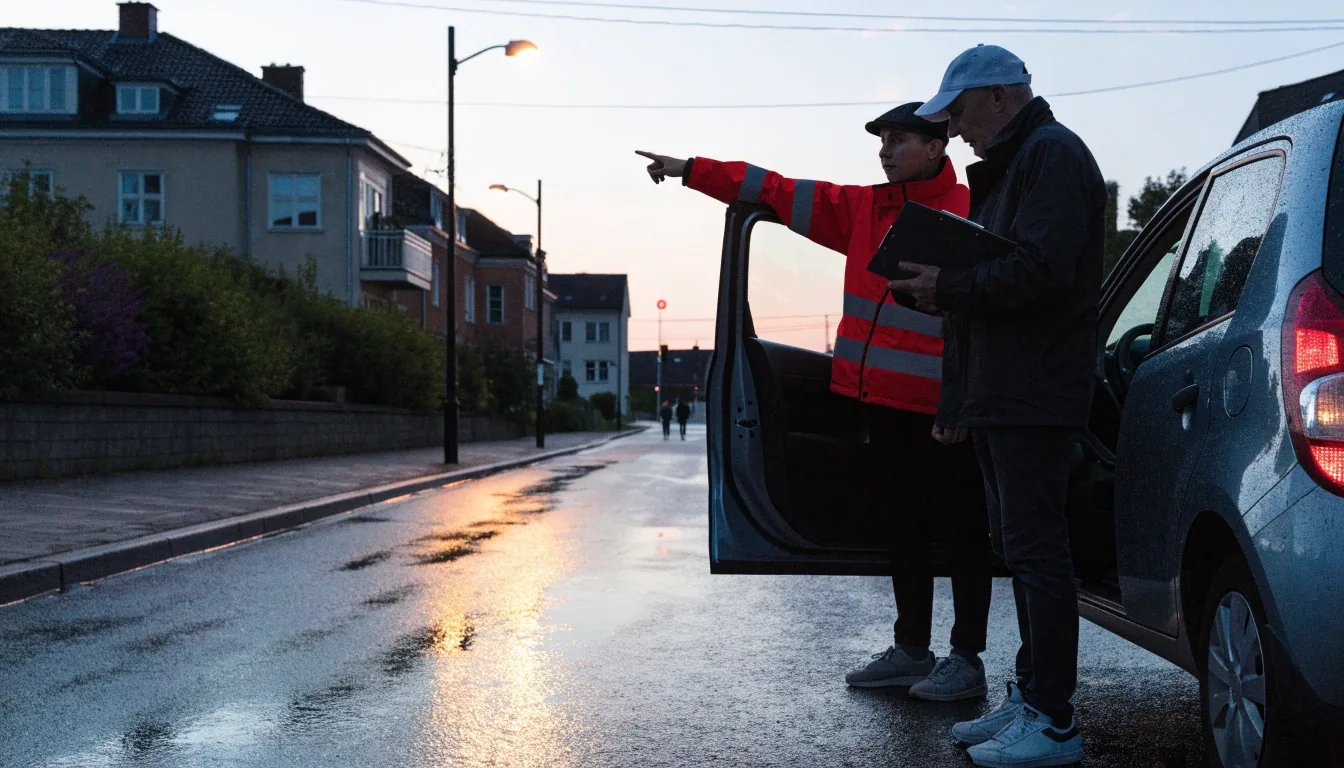 Ajokorttia suorittava kuljettaja harjoittelemassa ajoa sateisella tiellä