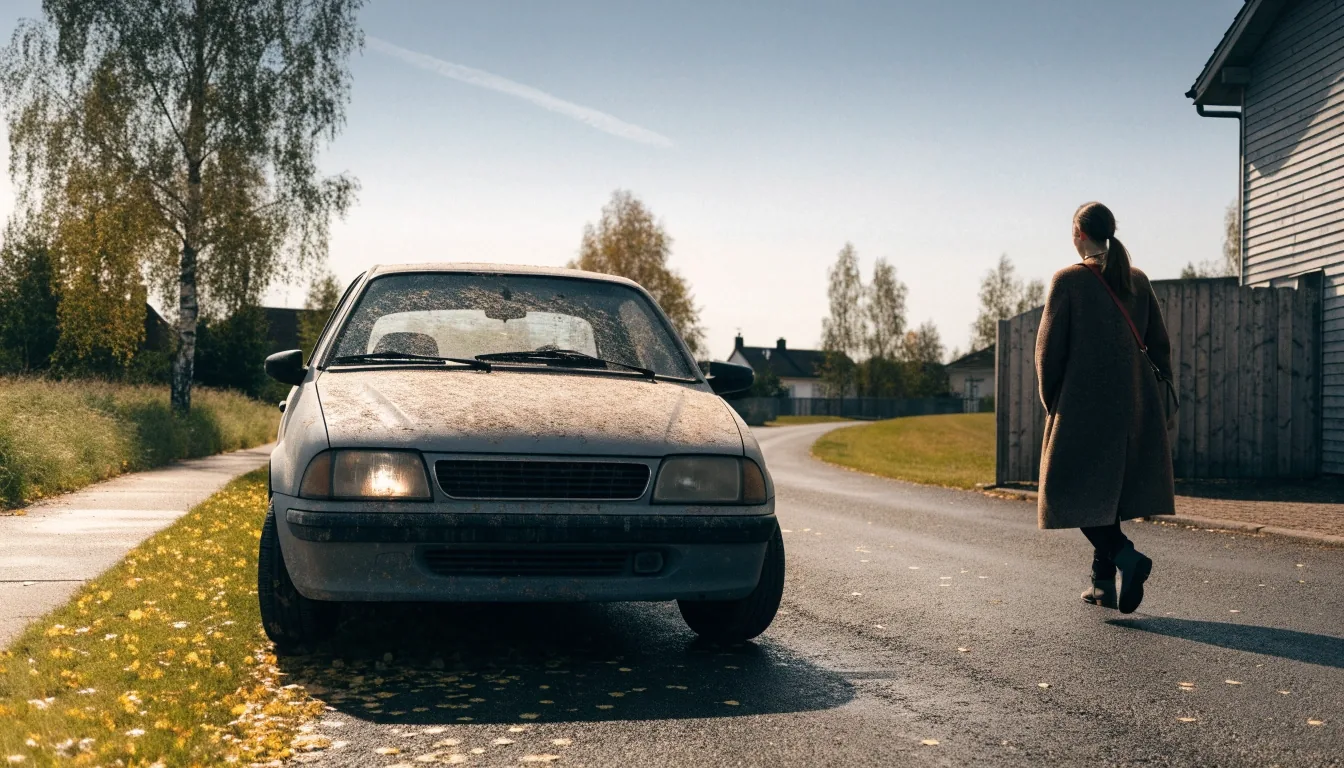 Auto odottaa pysäköitynä rauhallisella suomalaisella asuinkadulla ennen liikennekäyttöä