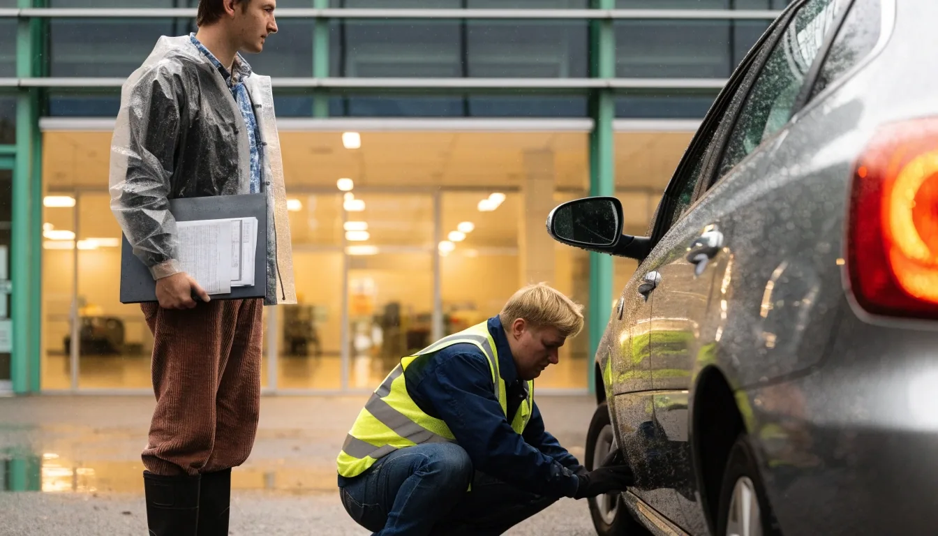 Autoilija ja katsastusteknikko tarkistavat maahantuodun ajoneuvon tietoja katsastusaseman pihalla