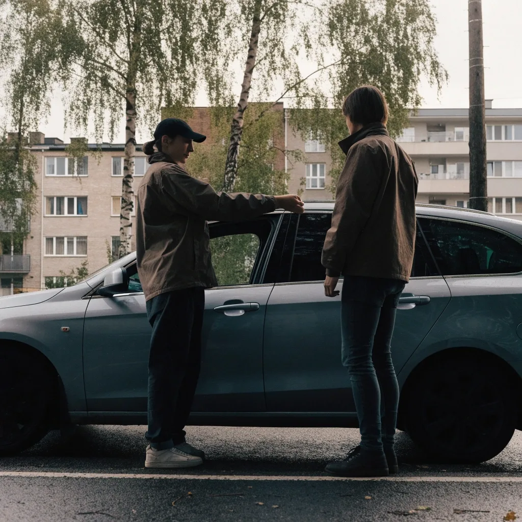 Kaksi henkilöä vaihtaa avaimia käytetyn auton vieressä rauhallisella suomalaisella asuinkadulla