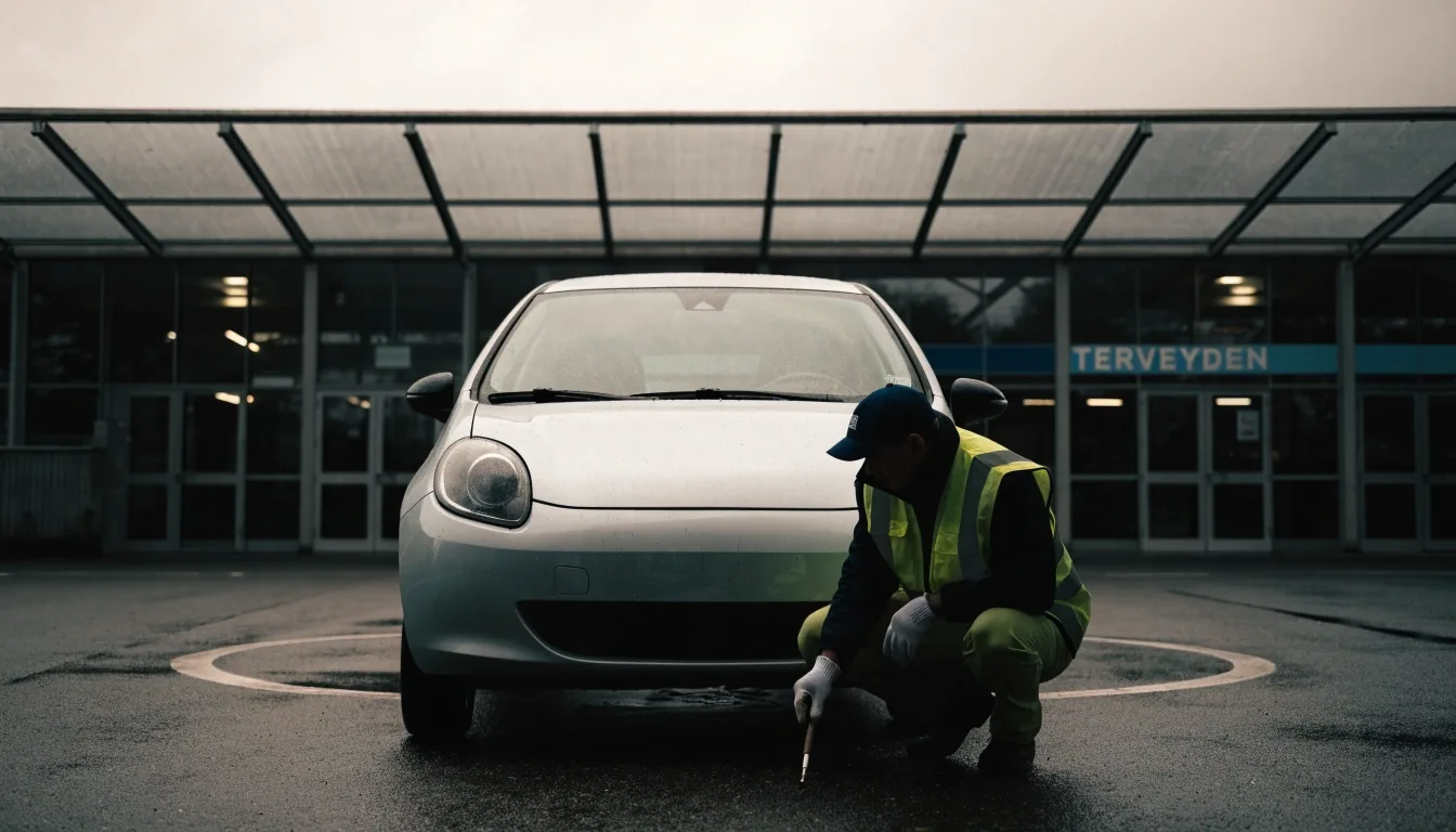 Kilvetön auto katsastusaseman pihalla tarkastajan lähestyessä