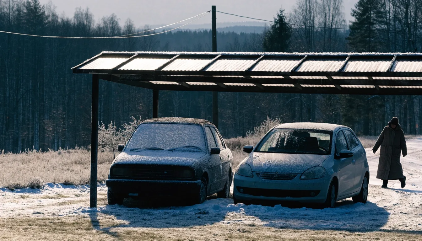Kaksi autoa seisoo autokatoksessa talviaamuna, toinen niistä on ollut pitkään käyttämättä