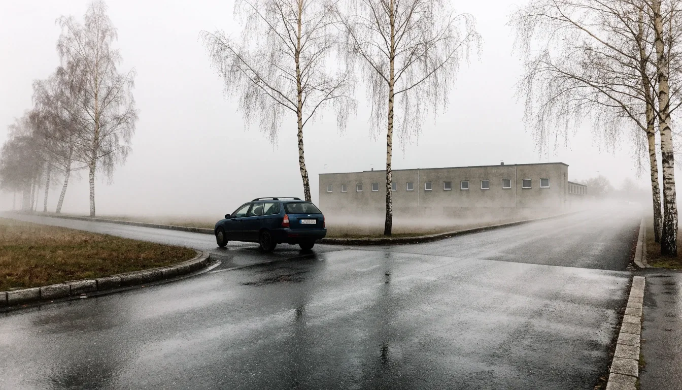 Tyhjä suomalainen katukulma varhaisessa syysaamussa, märkä asfaltti ja vaalea toimistorakennus