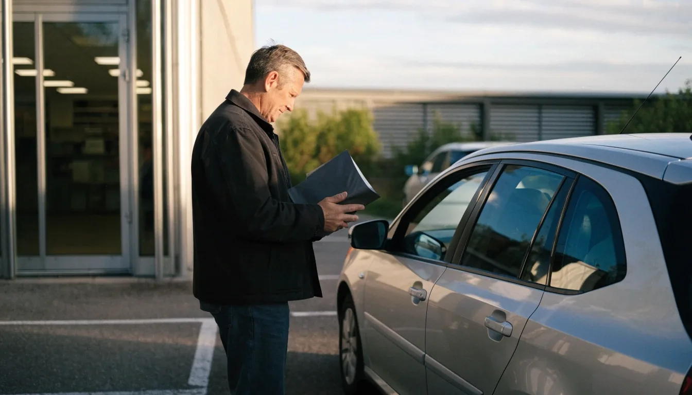 Autoilija tarkistaa asiakirjoja rekisteröintipisteen pihalla
